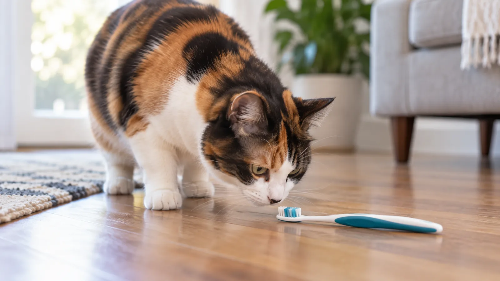 A calico cat lowers its head to sniff a blue and white toothbrush on a hardwood living room floor.